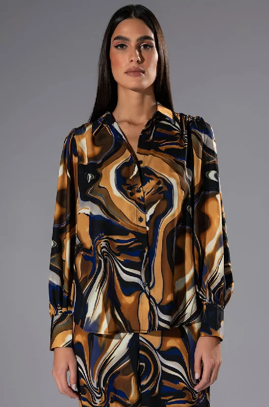 SOLARIS PRINTED BUTTON DOWN BLOUSE Sheer Mesh Blouse