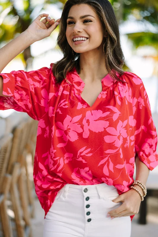 True Self Red Floral Blouse Smart Business Blouse