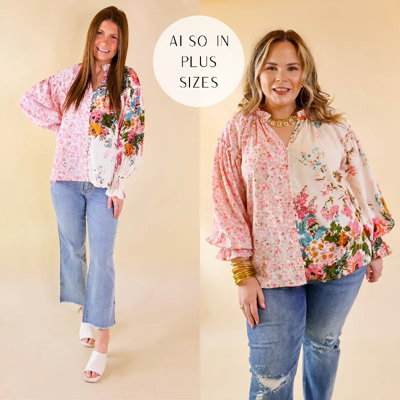 Tulip Time Floral Mix Print Button Up Blouse in Pink Elegant Lace Blouse