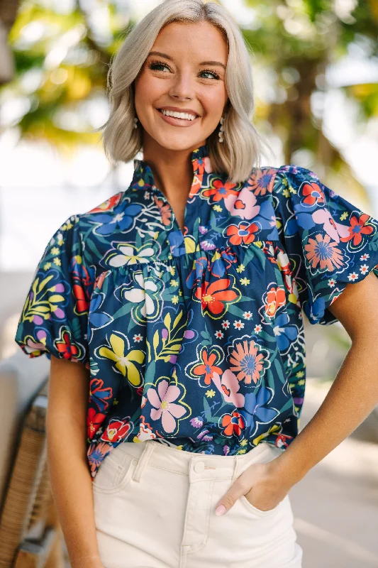 When You Know Navy Blue Floral Blouse Vintage Polka Blouse