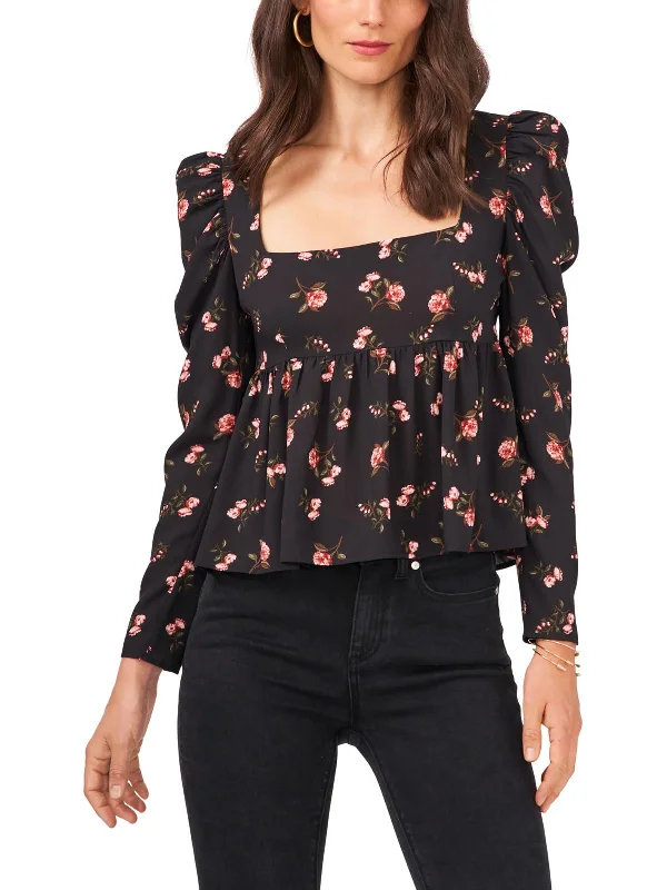 Womens Floral Square Neck Blouse Lightweight Chiffon Blouse