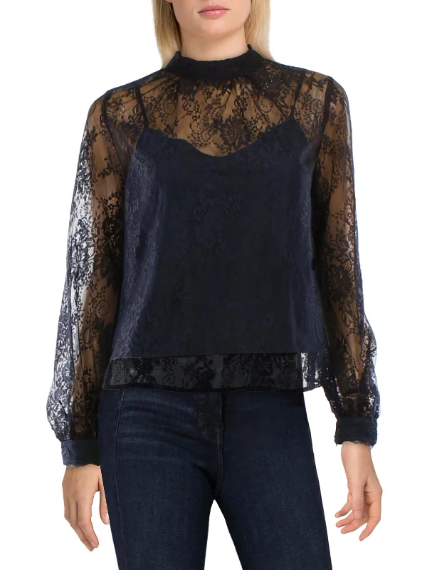 Womens Lace Sheer Blouse Chic Wrap Blouse