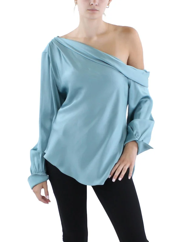 Womens One Shoulder Asymmetrical Blouse Semi-Sheer Blouse