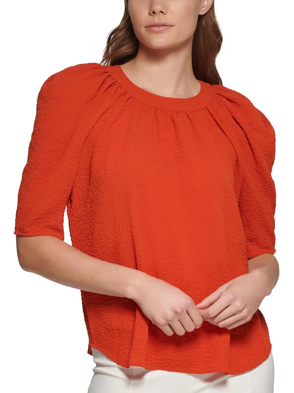 Womens Puff Sleeve Textured Blouse Elegant Peplum Blouse