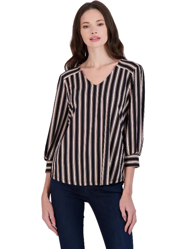 Womens Striped Three-Quarter Cuff Blouse Soft Pastel Blouse