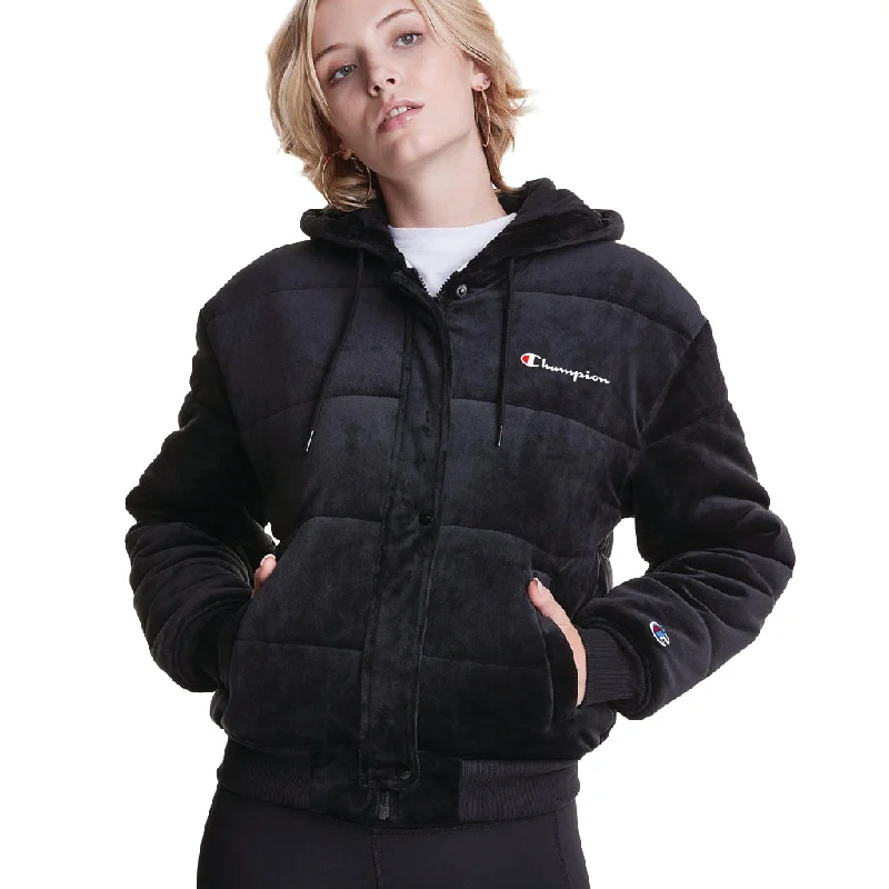 Women's Champion Velour Puffer Jacket Mesh Canvas Denim