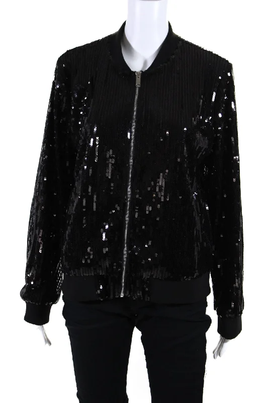 Apricot Womens Sequin Full Zip Bomber Jacket Black Mesh Blend Leather Blend Suede Blend