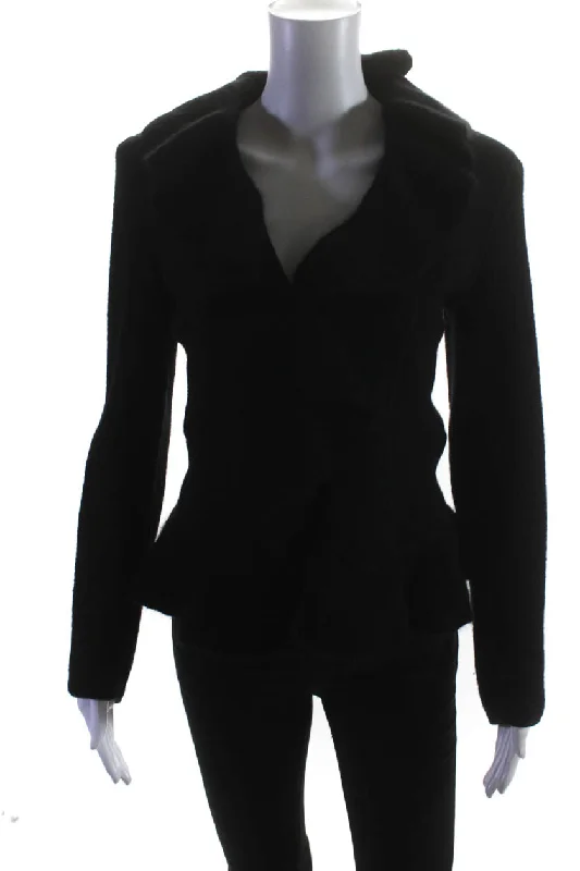 Armani Collezioni Womens Button Front Angora Knit Ruffled Jacket Black Graphic T-Shirt Round Neck Polyester