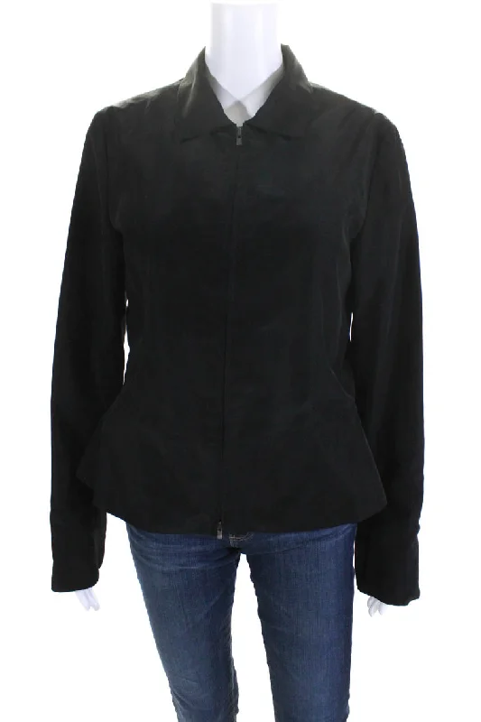 Armani Collezioni Womens Collared Zip Up Lightweight Jacket Black Spandex Blend Rayon Blend Denim Blend