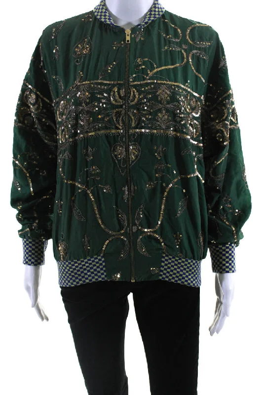 Ashish Womens Salvaged Sari Metallic Embroidered Bomber Jacket Green Fleece Nylon Spandex