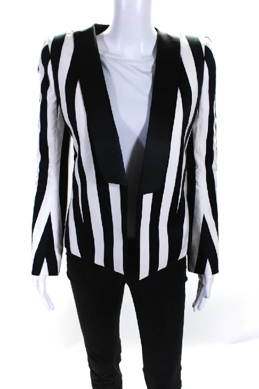 Balmain Womens Striped Open Front Jacket Black White Cotton Mesh Blend Leather Blend Suede Blend