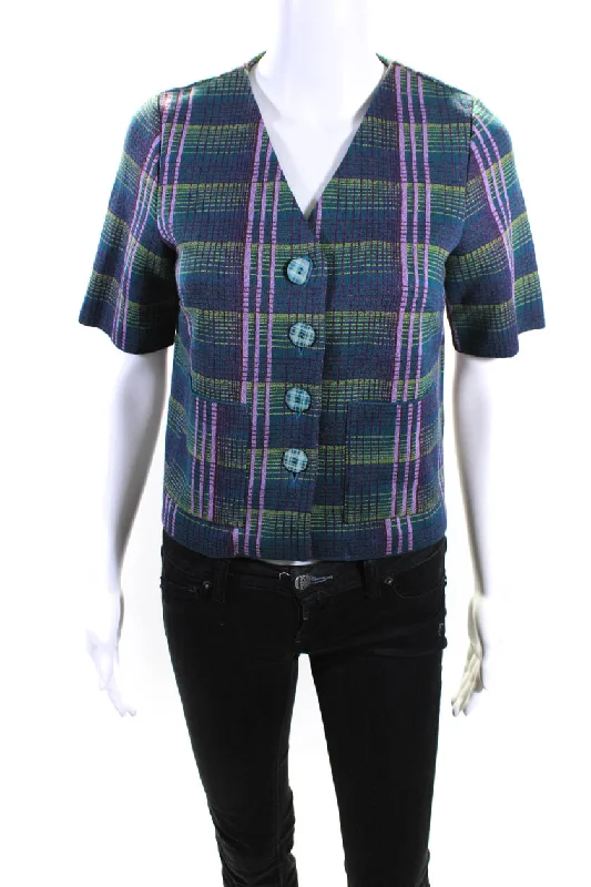 Catherine Andre Womens Short Sleeve Knit Plaid V Neck Jacket Multicolor Large Houndstooth Herringbone Solid