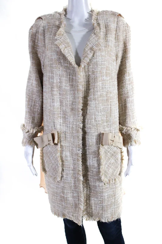 Edward Achour Womens Pleated Chiffon Tweed Hook & Eye Jacket Beige Ivory FR 46 Chenille Blend Fleece Blend Nylon Blend