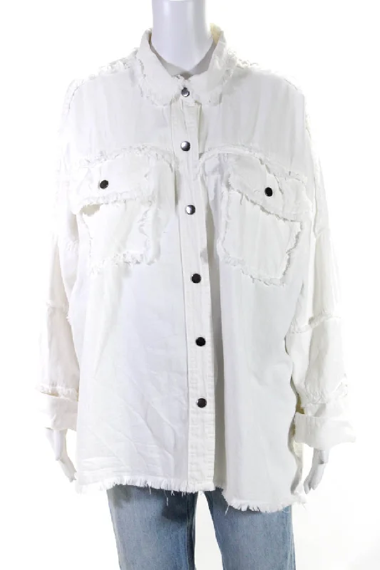 Elan Womens Button Front Collared Fringe Jean Jacket White Cotton Welt Pockets Slit Pockets Flap Pockets