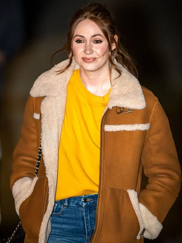 Elegant Karen Gillan Sheepskin Shearling Leather Jacket Coat Mesh Canvas Denim