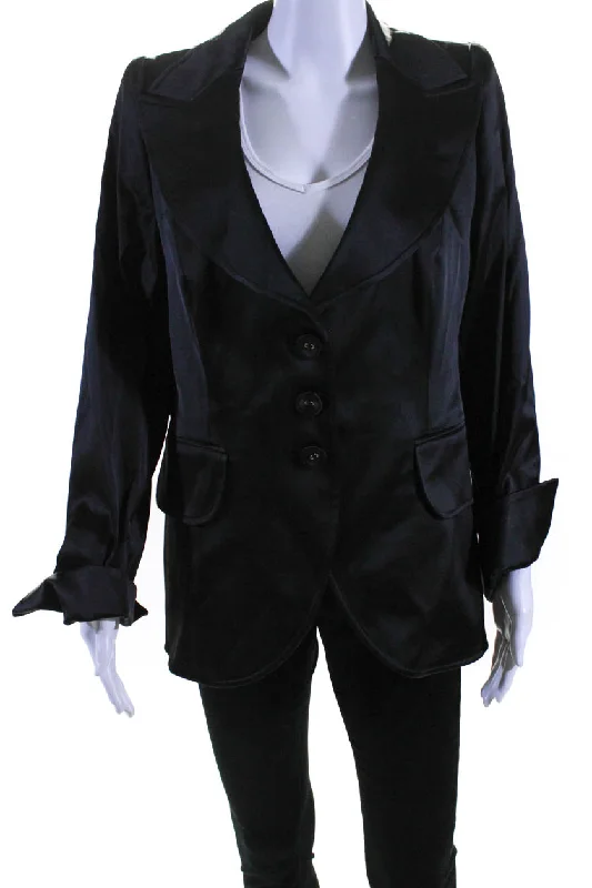 Escada Womens Wide Lapel Button Down Suit Jacket Jet Black Sequined Glittery Shiny