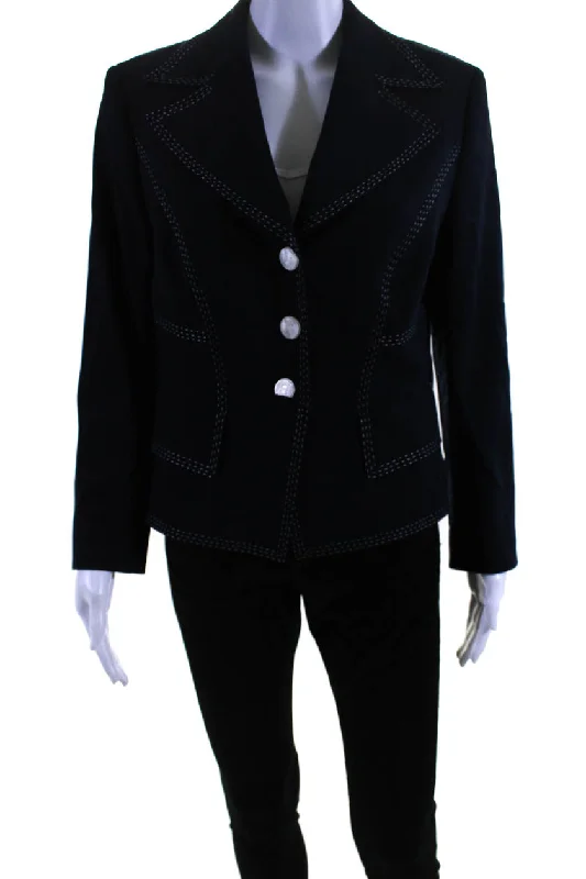 Escada Womens Wide Lapel Button Down Suit Jacket Navy Blue Wool Fleece Nylon Spandex