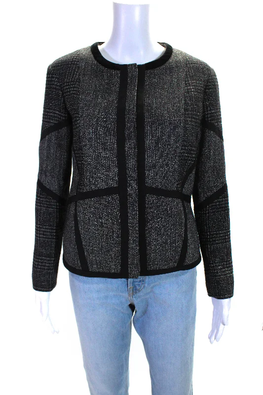 Etro Milano Womens Houndstooth Round Neck Snap Closure Jacket Gray Black Faux Fur Fabric Real Fur Fabric Shearling Fabric