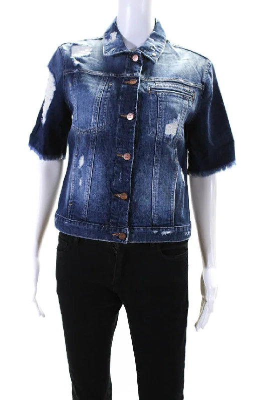 Genetic Womens Short Sleeve Distressed Denim Button Up Jeans Jacket Blue Small Rayon Velvet Corduroy