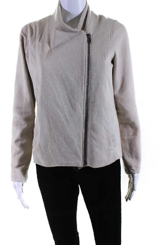 Helmut Lang Womens Front Zip Quilted Trim Crew Neck Jacket Beige Silk Blend Satin Velvet