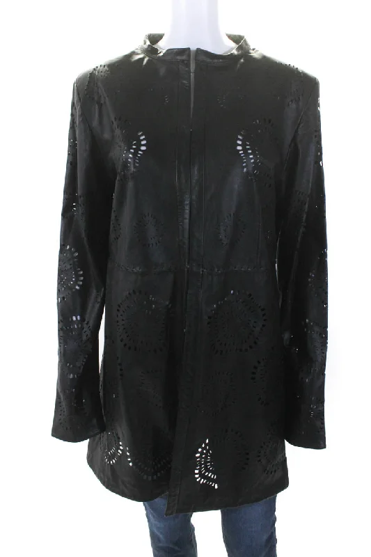 In Transit Womens Laser Cut Long Hook & Eye Leather Jacket Black Mesh Blend Leather Blend Suede Blend