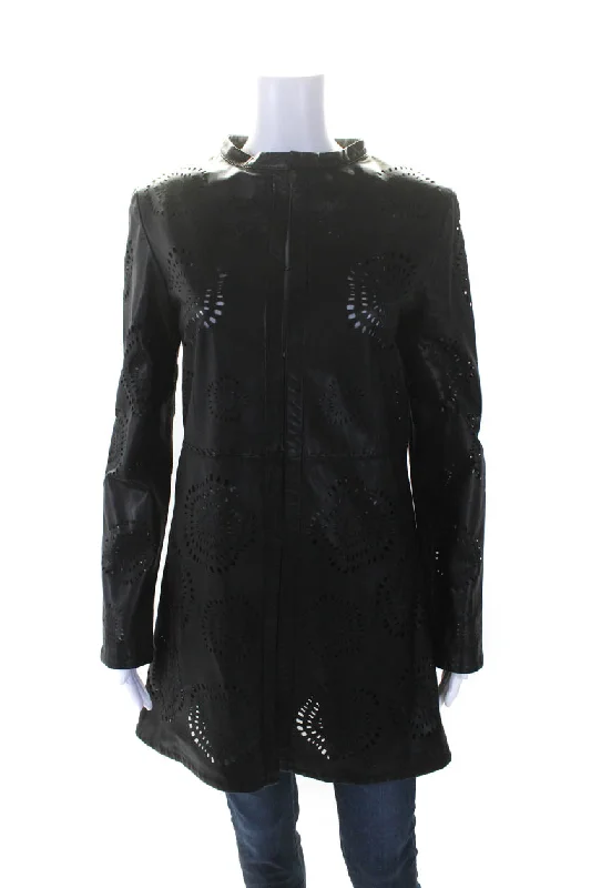 In Transit Womens Laser Cut Long Hook & Eye Leather Jacket Black Jersey Fabric Tulle Fabric Batik Fabric