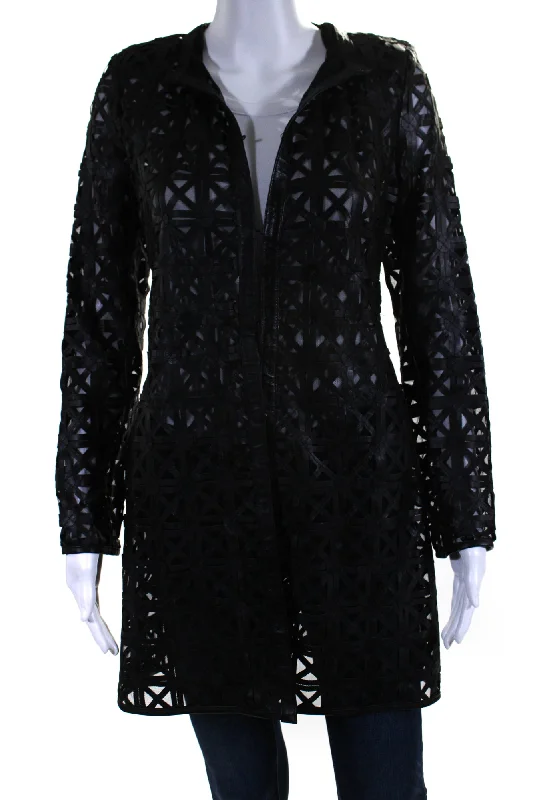 In Transit Womens Laser Cut Metallic Mesh Leather Jacket Black Graphic T-Shirt Round Neck Polyester