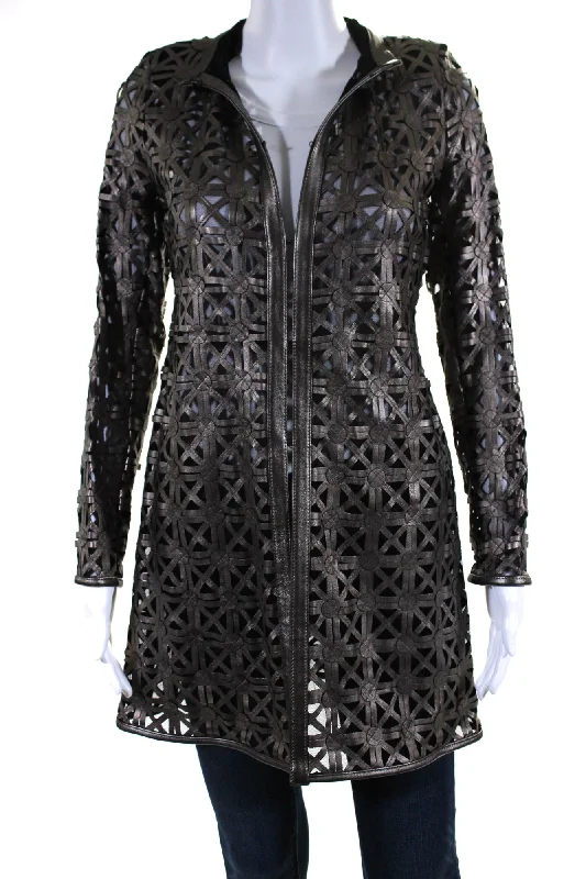 In Transit Womens Laser Cut Metallic Mesh Leather Jacket Brown Black Houndstooth Herringbone Solid