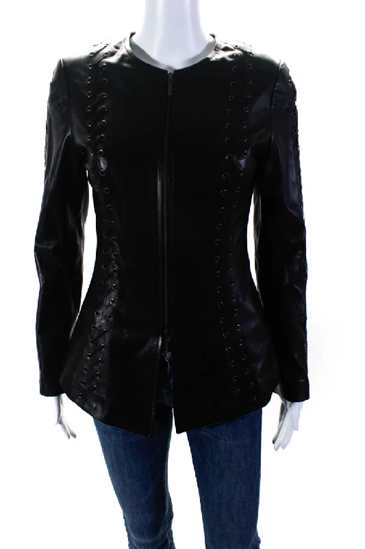 In Transit Womens Woven Leather Crew Neck Full Zip Jacket Black Nylon Fabric Polyester Fabric Spandex Fabric