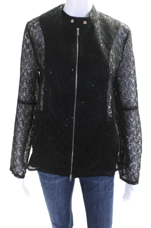 Jonathan Cohen Womens Front Zip Sequin Lace Overlay Jacket Black Mesh Fabric Canvas Fabric Denim Fabric