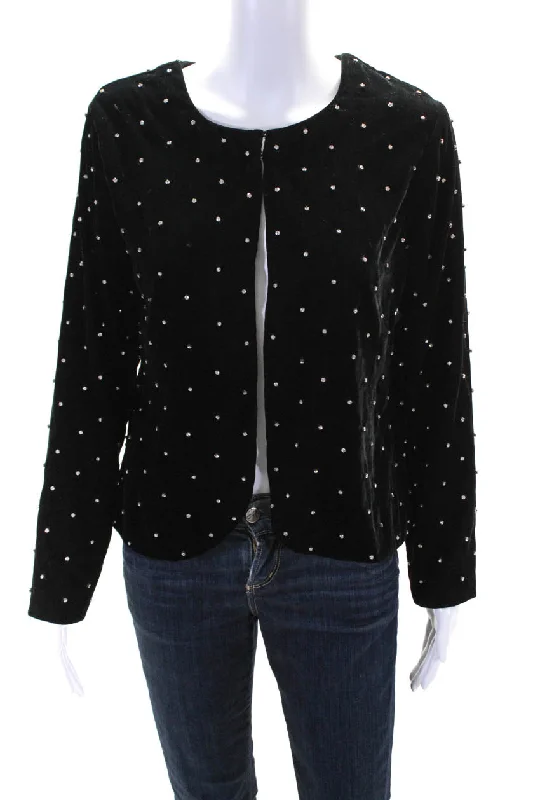 Karina Grimaldi Womens Black Silk Crystal Embellished Long Sleeve Jacket Hooded Caped Shawl Collar