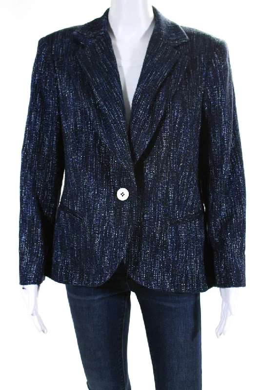 Lafayette 148 New York Womens Tweed Single Button Jacket Blue Black Wool Fashionable Trendy Casual