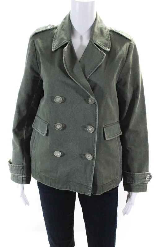 Le Superbe Womens Double Breasted Notched Collar Jacket Olive Green Ribbed Striped Patterned