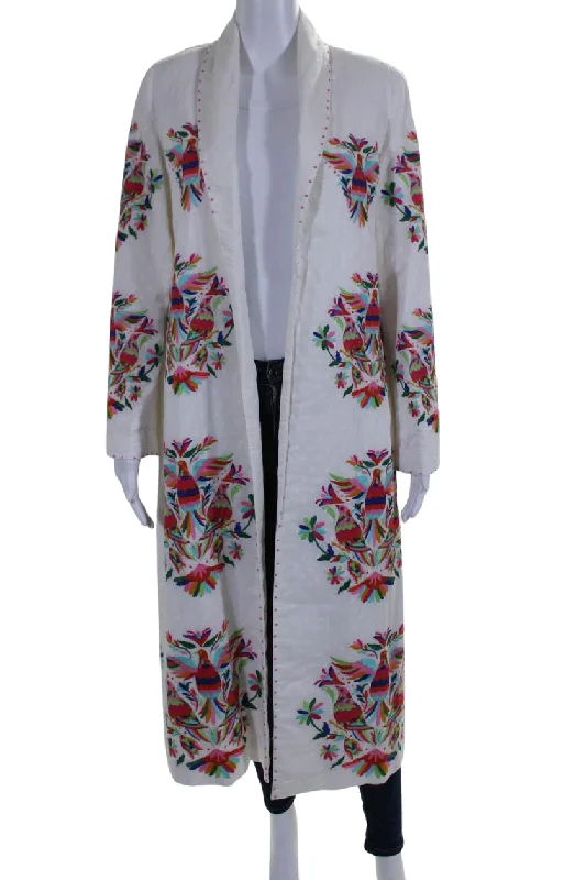 Nimo Womens Open Front Embroidered Floral Bird Long Jacket White Cotton Cashmere Blend Cotton Blend Poly Blend