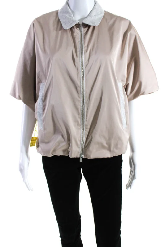 Peserico Womens Full Zipper Short Sleeves Jacket Beige Grey Chenille Blend Fleece Blend Nylon Blend