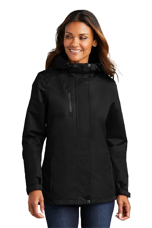 Port Authority Womens All Conditions Waterproof Full Zip Hooded Jacket - Black Collared Crew Neck Turtle Neck