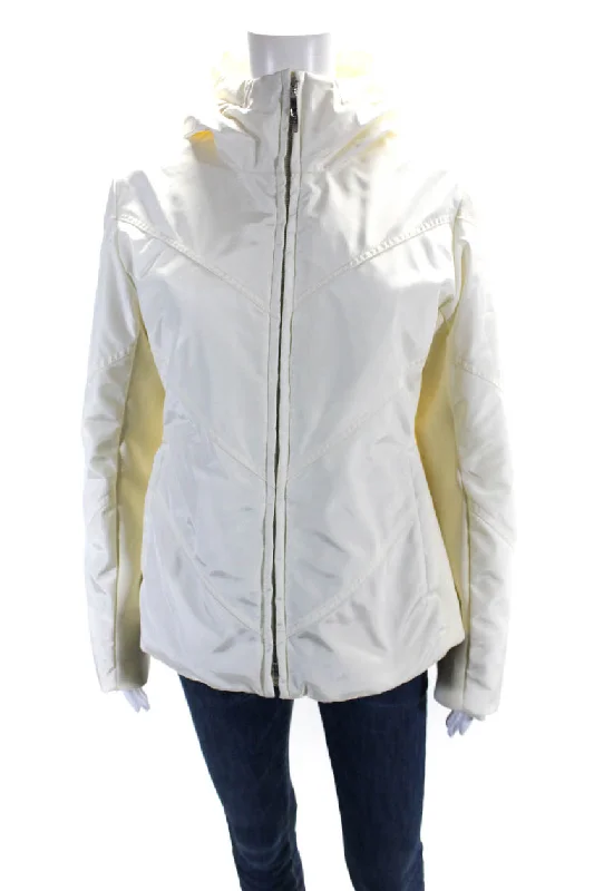 Post Card Womens Long Sleeve Full Zip Quilted Hooded Jacket Ivory White Chenille Blend Fleece Blend Nylon Blend