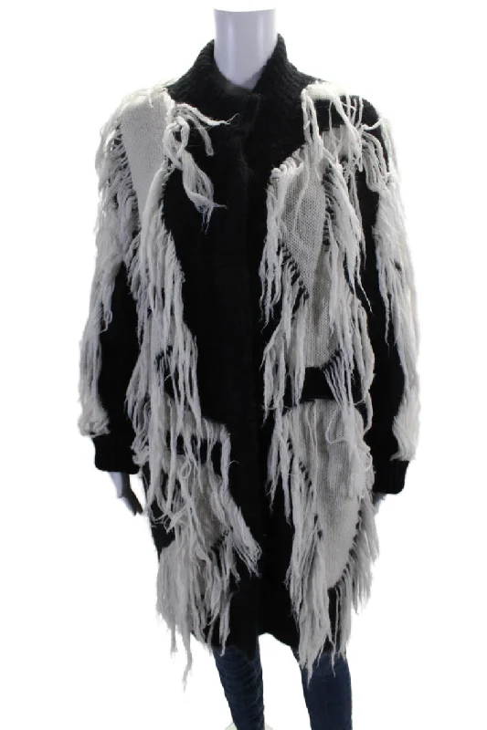 Salvatore Ferragamo Womens Black White Fringe Textured Long Sleeve Jacket Anti-Shrink Durable Soft