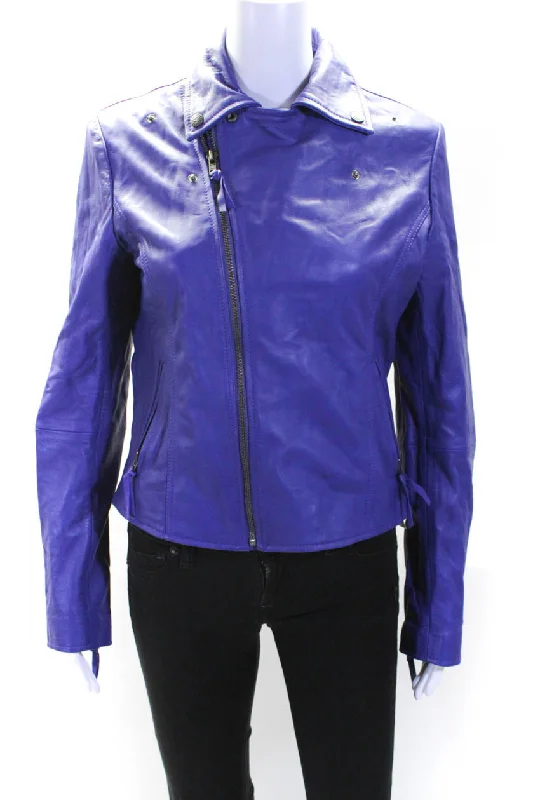 Souleiado Womens Leather Full Zipper Closure Motorcycle Jacket Blue Welt Pockets Slit Pockets