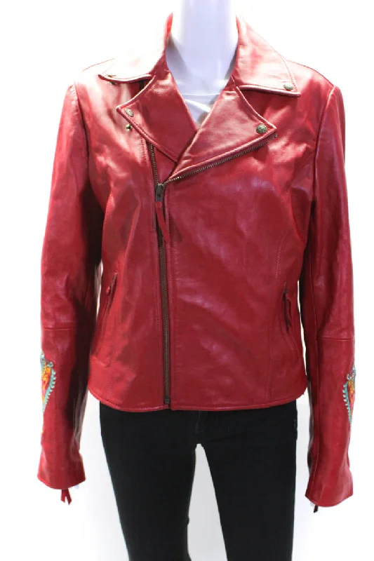 Souleiado Womens Leather Full Zipper Motorcycle Jacket Red Striped Floral Plaid