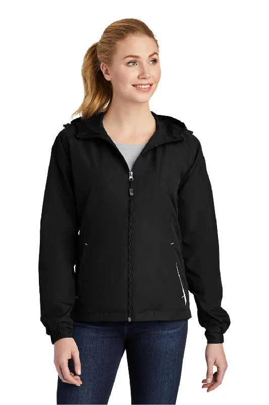 Sport-Tek Womens Water Resistant Full Zip Hooded Jacket - Black/White Solid Color Striped Floral