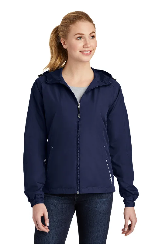 Sport-Tek Womens Water Resistant Full Zip Hooded Jacket - True Navy Blue/White Anti-Shrink Durable Soft