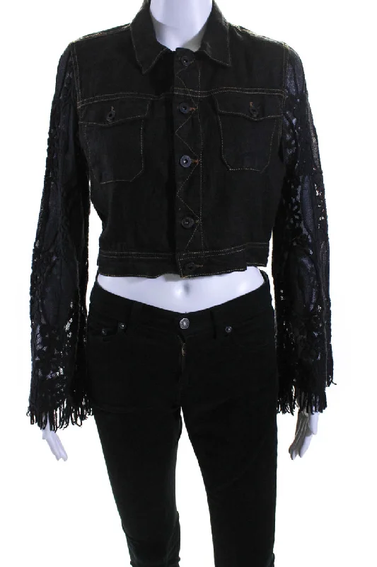 Sunday Womens Lennon Mesh Embroidered Sleeve Linen Crop Jacket Black Faux Fur Fabric Real Fur Fabric Shearling Fabric