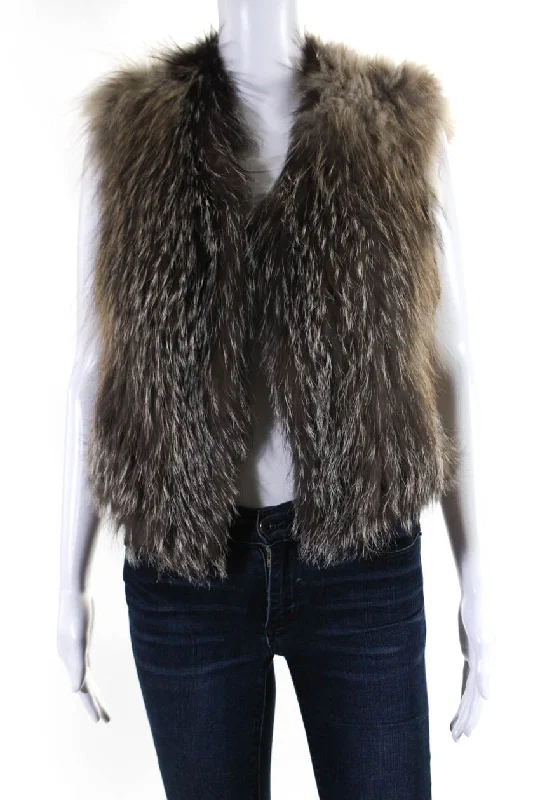 Vince Womens Hook Front V Neck Knitted Fox Fur Vest Jacket Brown Hooded Caped Shawl Collar