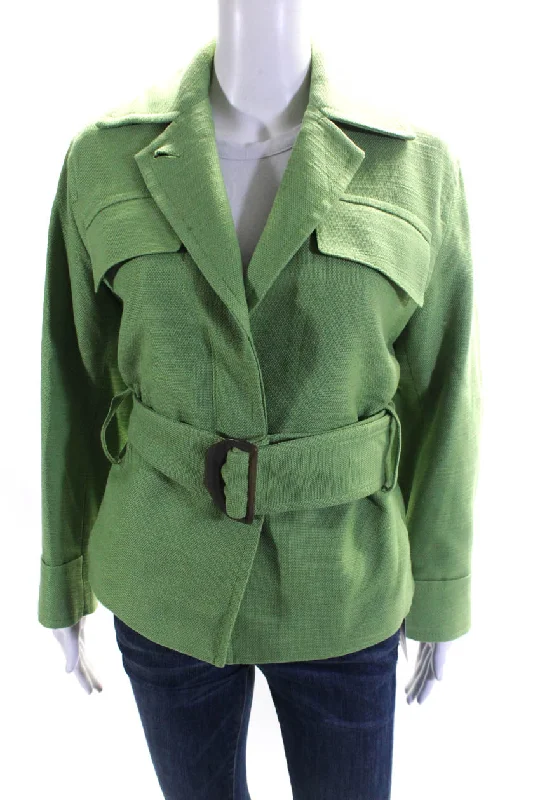 Vince Womens Linen Blend Belted Jacket Apple Green Mesh Fabric Canvas Fabric Denim Fabric