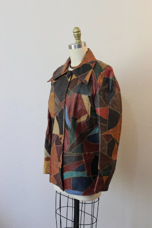 Vintage 60s 1970s Patchwork Leather Jacket Coat the Tannery Elasticated Padded Insulated