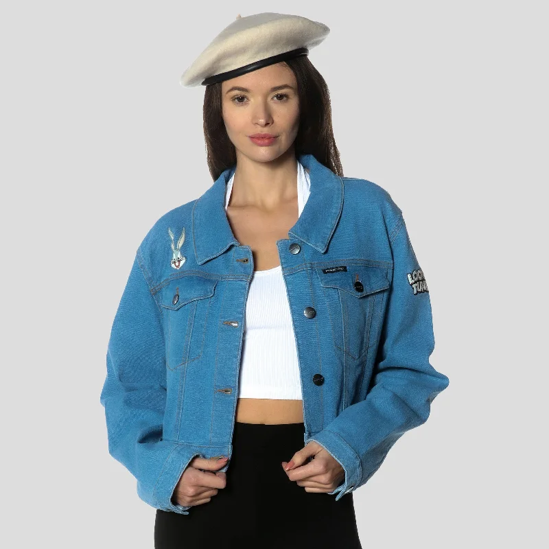 Women's Looney Tunes Bugs Bunny Denim Jacket - FINAL SALE Notch Collar Peter Pan Collar Cowl Neck