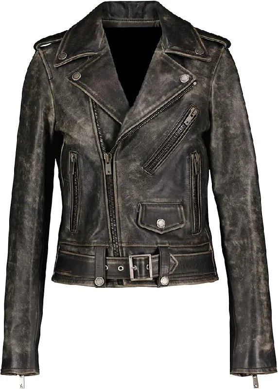 Women's Edgy Distressed Black Vintage Leather Jacket WD06 Casual Formal Business