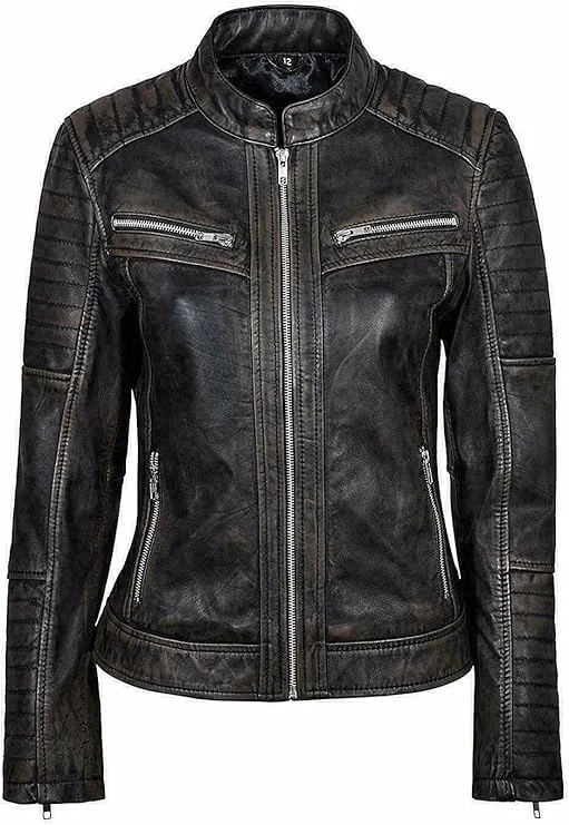 Women's Vintage Distressed Black Leather Biker Jacket WD01 Anti-Pilling Machine Wash Handmade