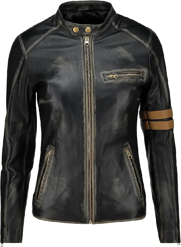 Women's Vintage Distressed Black Leather Biker Jacket WD02 Chenille Blend Fleece Blend Nylon Blend